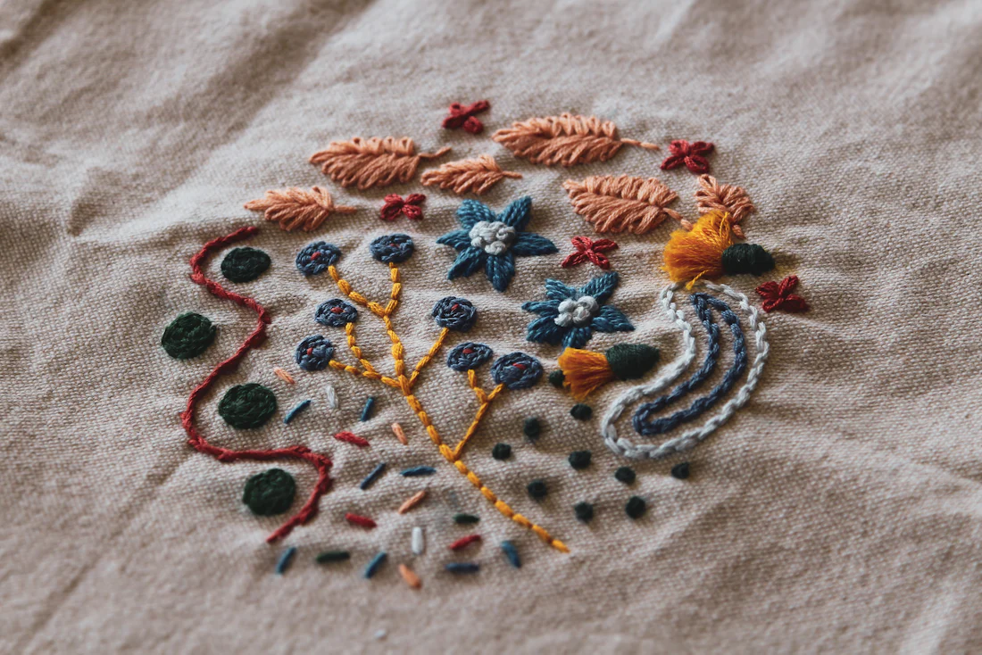 Colourful hand embroidery on cotton fabric