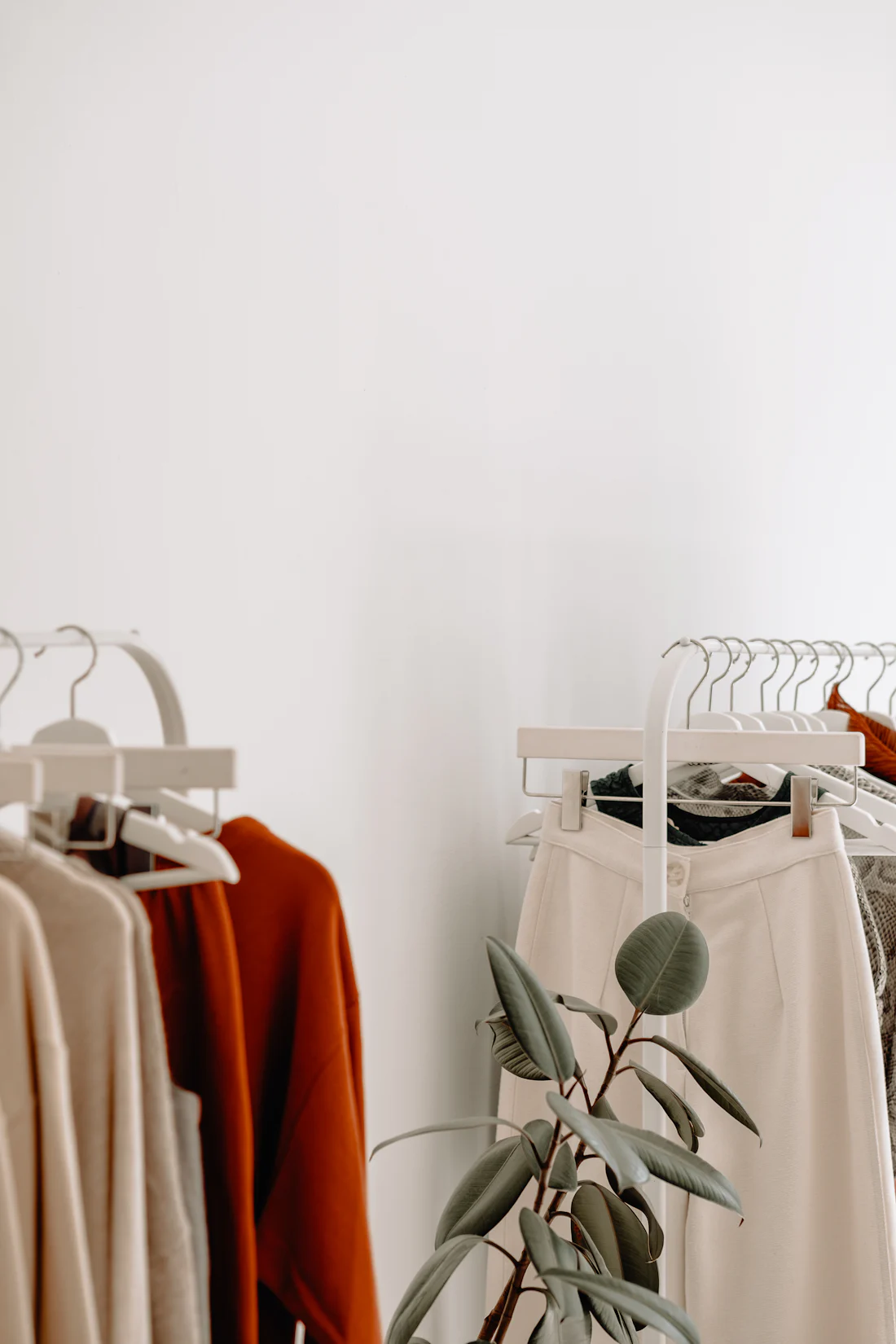 Finished garments on a clothing rack