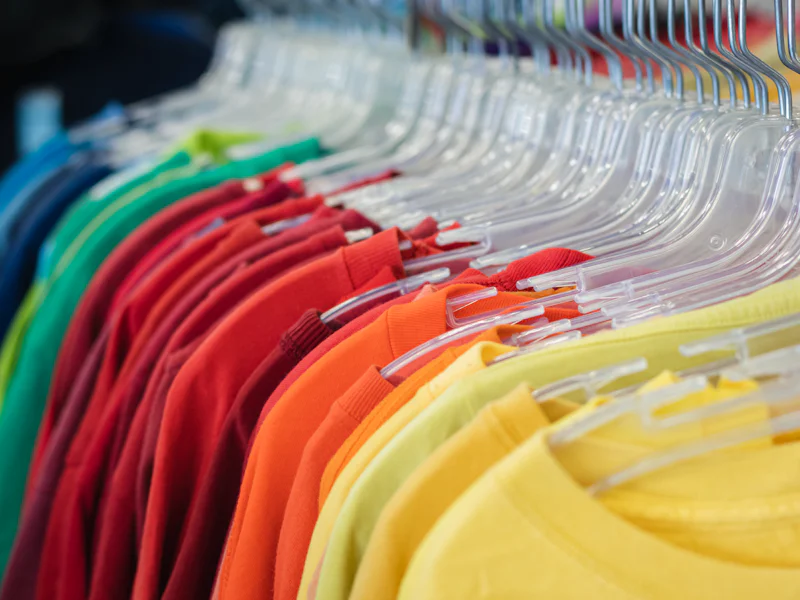 T-shirts on hangers in many colours